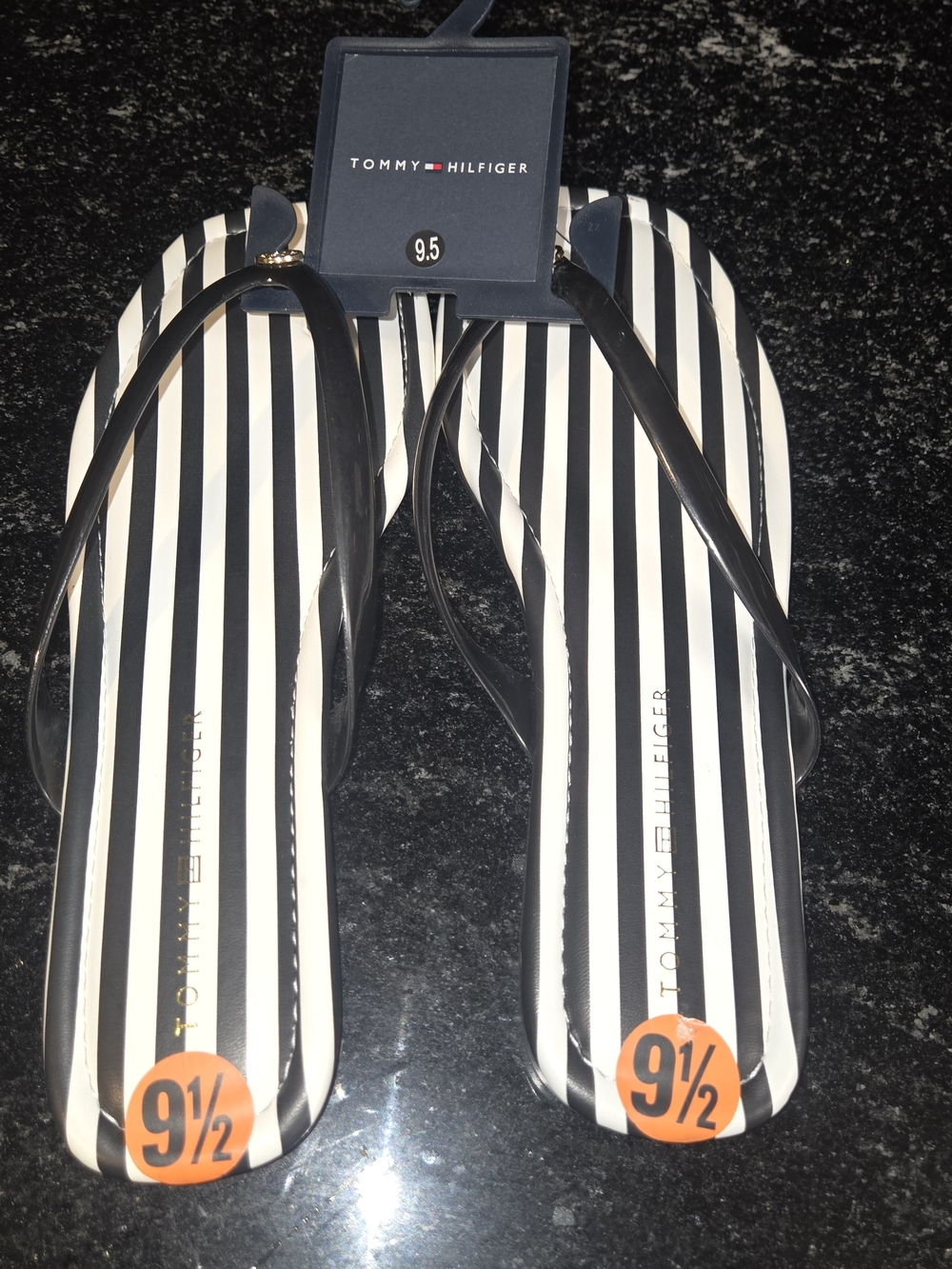 Tommy Hilfiger Black & White Striped Flip Flops